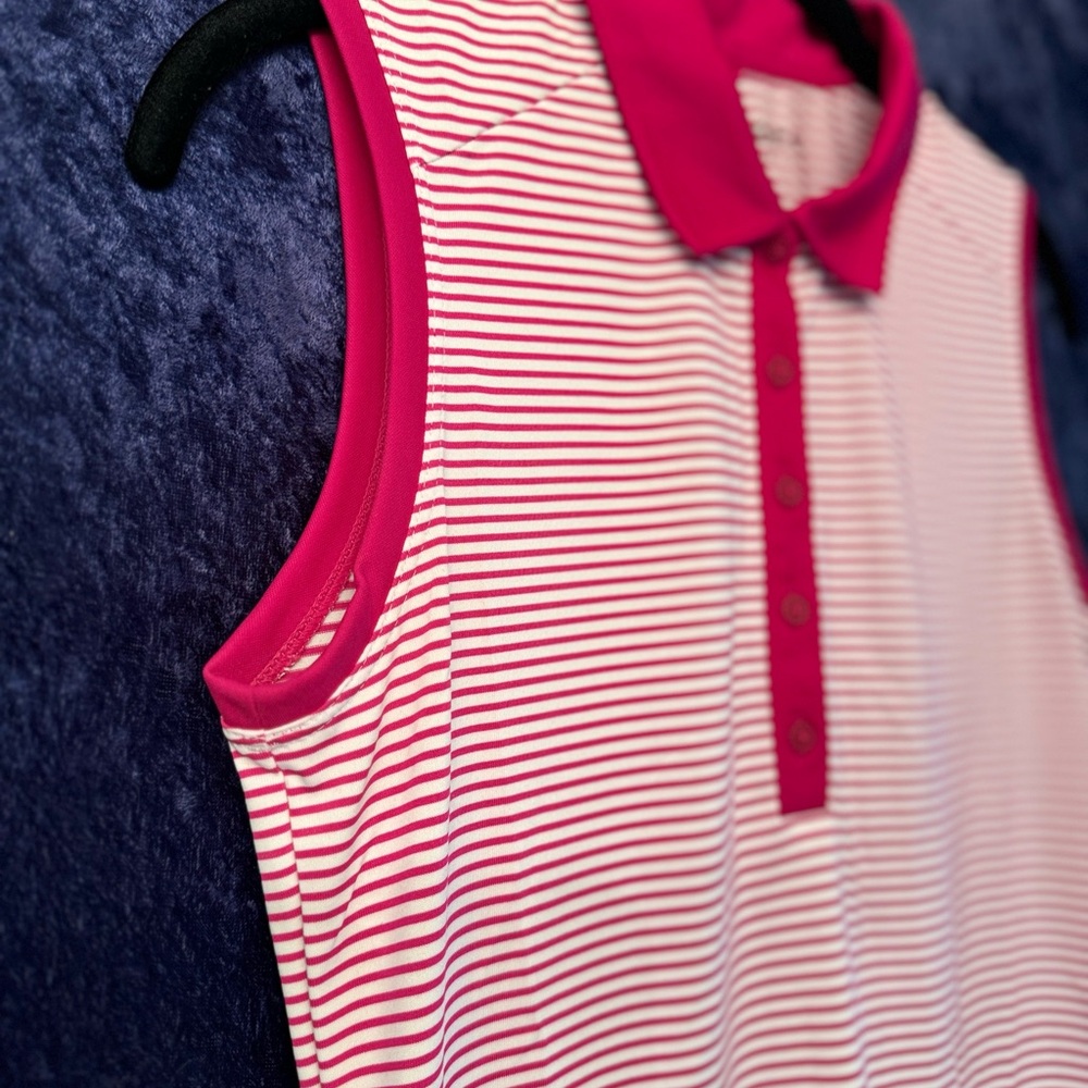 Nike Golf Polo Shirt Berry/White Striped Sleeveless Dri Fit Collar
Size Small